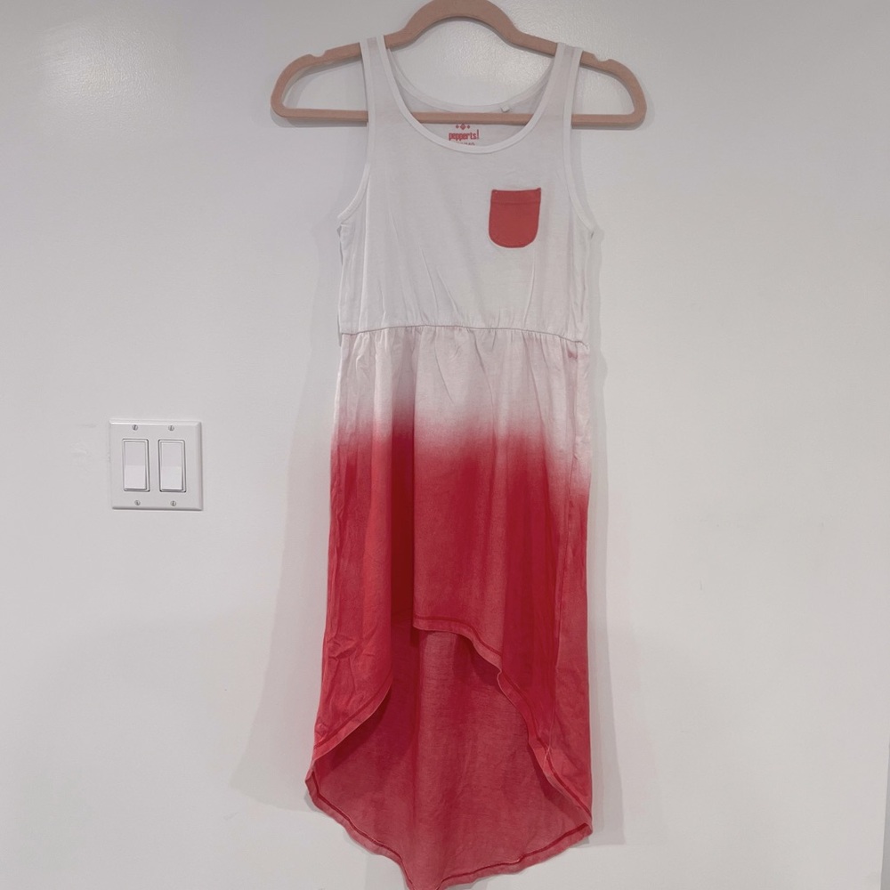 pepperts! Girls Sz M (8/10) White with Pink Tank Summer Dress Hi Low 100% Cotton